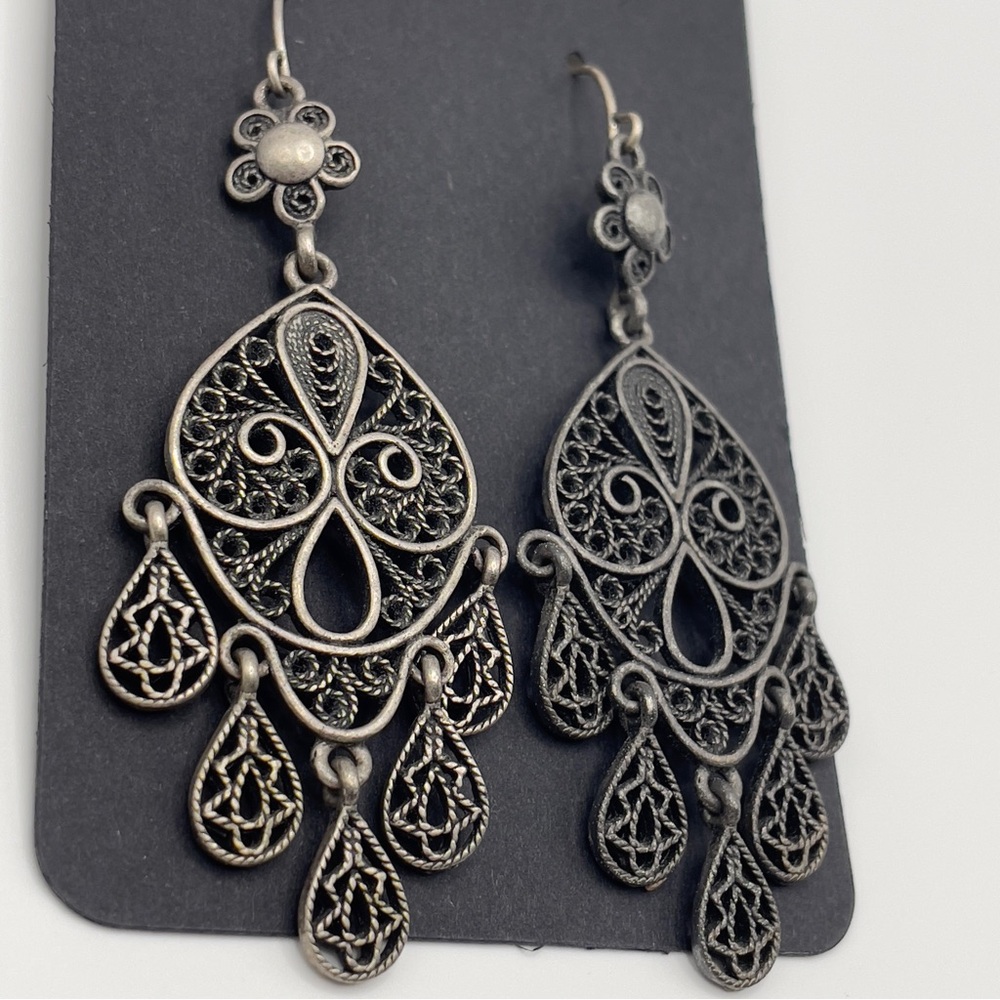 Vintage Silver Filigree Chandelier Earrings • Quality Boho Statement Dangles  ✨ - Picture 3 of 8